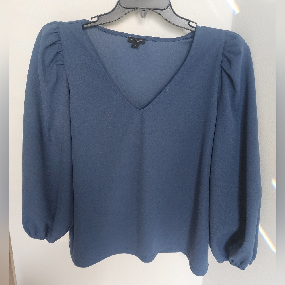 Ann Taylor Blue V-Neck Blouse with Puff Sleeves